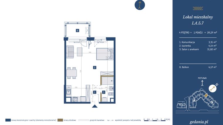 Rzut - Mieszkanie na sprzedaż 1 pokój o powierzchni 39,27 m² - numer I.A.5.7 w GEDANIA Riverside Living
