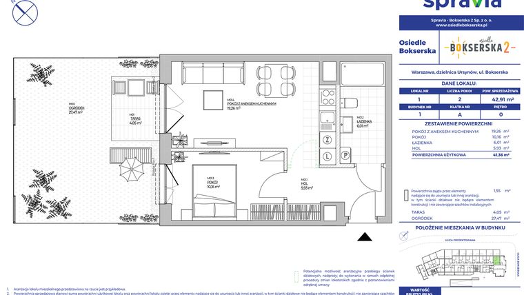 Rzut - Mieszkanie na sprzedaż 2 pokoje o powierzchni 42,91 m² - numer B1.1 w Osiedle Bokserska 2