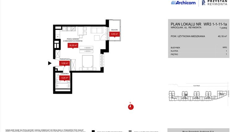 Rzut - Mieszkanie na sprzedaż 1 pokój o powierzchni 40,18 m² - numer WR3 1/1/11/1a w Przystań Reymonta etap II