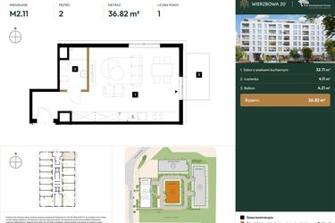 Rzut - Mieszkanie na sprzedaż 1 pokój o powierzchni 36,82 m² - numer B2.2.11 w Wierzbowa 20