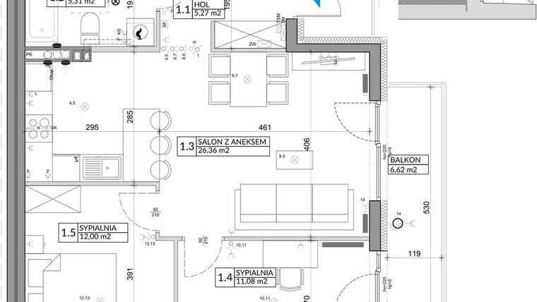 Rzut - Mieszkanie na sprzedaż 3 pokoje o powierzchni 61,85 m² - numer 40B w Osiedle Młodych etap V