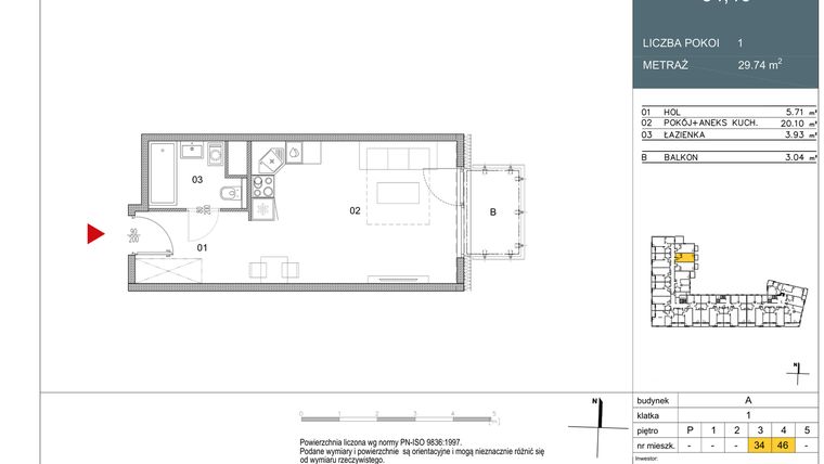 Rzut - Mieszkanie na sprzedaż 1 pokój o powierzchni 29,74 m² - numer 34 w Morwowa 5