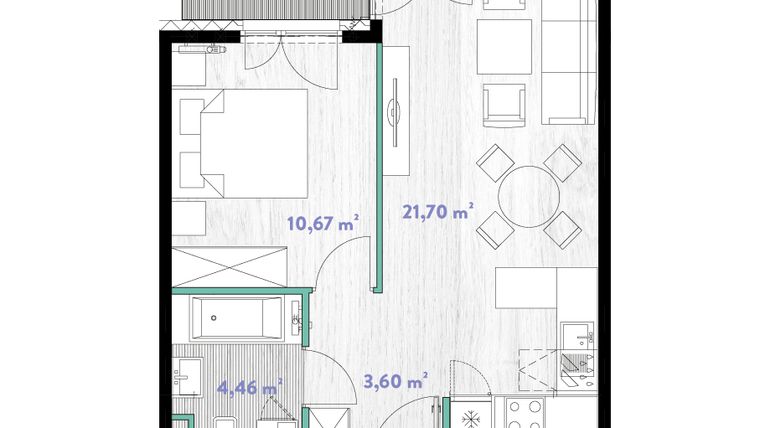 Rzut - Mieszkanie na sprzedaż 2 pokoje o powierzchni 40,61 m² - numer A.04.11 w Do Wilgi