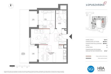 Rzut - Mieszkanie na sprzedaż 3 pokoje o powierzchni 60,94 m² - numer G.0.11 w Łopuszańska 47 - etap 2