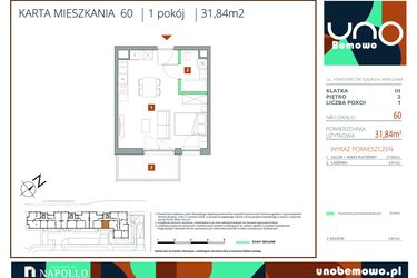 Rzut - Mieszkanie na sprzedaż 1 pokój o powierzchni 31,84 m² - numer 60 w UNO Bemowo