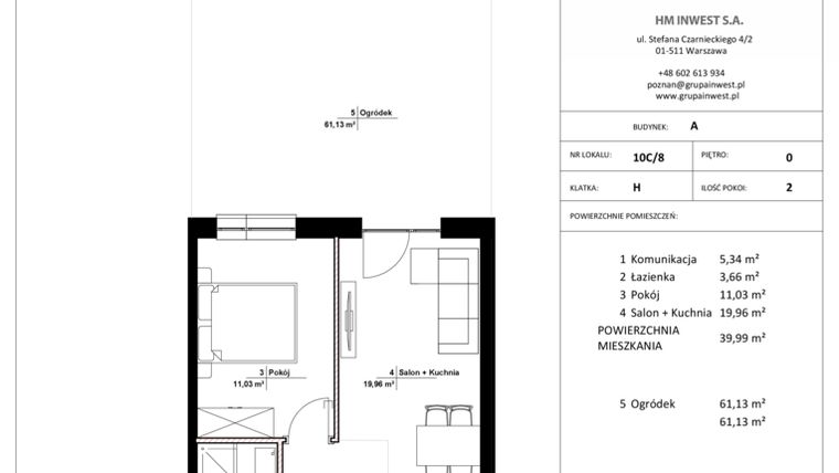 Rzut - Mieszkanie na sprzedaż 2 pokoje o powierzchni 39,99 m² - numer 10C/8 w Jasielska 8C etap II