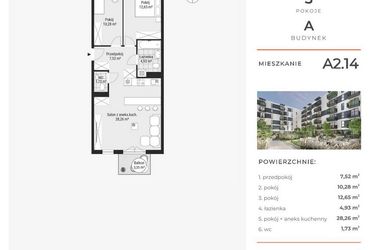 Rzut - Mieszkanie na sprzedaż 3 pokoje o powierzchni 65,49 m² - numer A2.14 w Enklawa Bukowa