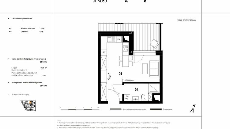 Rzut - Mieszkanie na sprzedaż 1 pokój o powierzchni 28,62 m² - numer A.M.59 w VIDOK