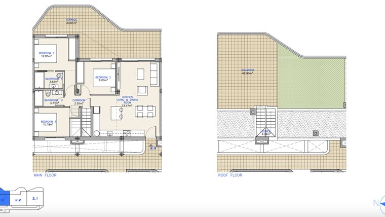 Rzut - Mieszkanie na sprzedaż 2 pokoje o powierzchni 92,72 m² - numer 2.3 w Mieszkania w Los Alcazares, RD-65933