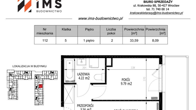 Rzut - Mieszkanie na sprzedaż 2 pokoje o powierzchni 33,57 m² - numer 112 w Krakowskie Tarasy etap V