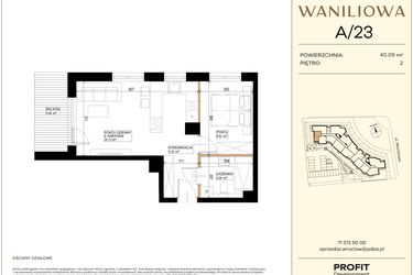 Rzut - Mieszkanie na sprzedaż 2 pokoje o powierzchni 40,09 m² - numer WA2/A/23 w Waniliowa