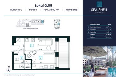 Rzut - Mieszkanie na sprzedaż 1 pokój o powierzchni 23,9 m² - numer G.09 w Magiczny Łukęcin