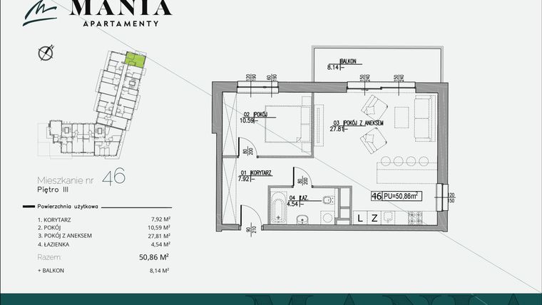 Rzut - Mieszkanie na sprzedaż 2 pokoje o powierzchni 50,86 m² - numer 46 w MANIA Apartamenty