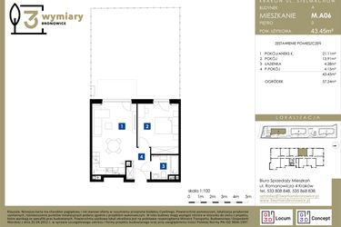 Rzut - Mieszkanie na sprzedaż 2 pokoje o powierzchni 43,45 m² - numer M.A06 w 3 Wymiary Bronowice