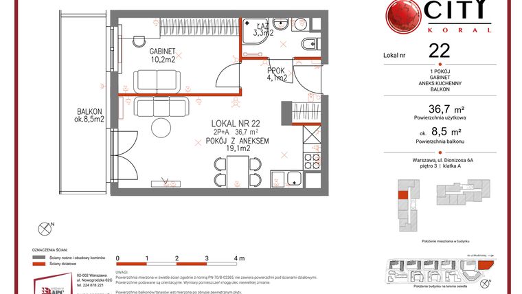 Rzut - Mieszkanie na sprzedaż 2 pokoje o powierzchni 36,7 m² - numer 22 w Comfort City Koral