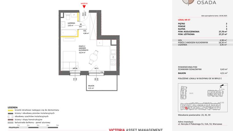 Rzut - Mieszkanie na sprzedaż 1 pokój o powierzchni 27,7 m² - numer E.47 w Piastova Osada