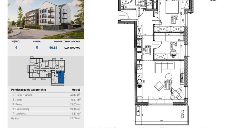 Rzut - Mieszkanie na sprzedaż 3 pokoje o powierzchni 60,75 m² - numer 9 w Balantia