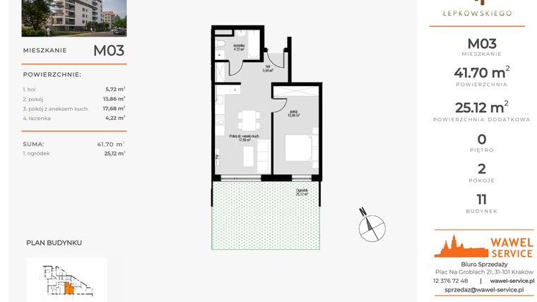 Rzut - Mieszkanie na sprzedaż 2 pokoje o powierzchni 41,7 m² - numer M03 w Łepkowskiego 11