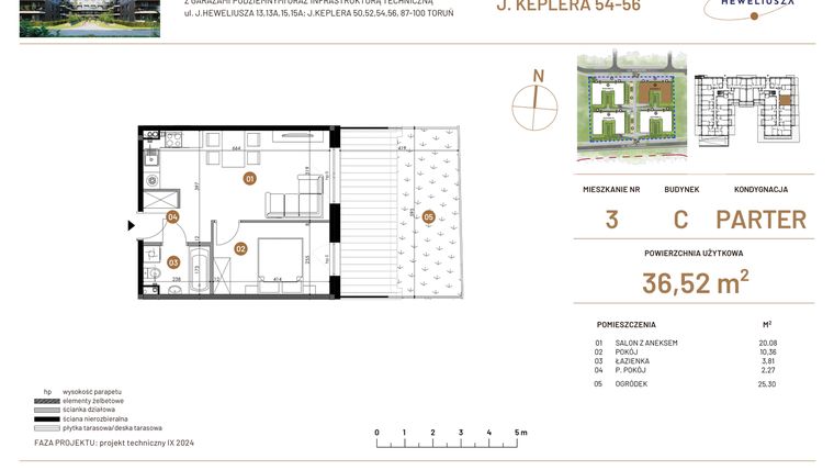 Rzut - Mieszkanie na sprzedaż 2 pokoje o powierzchni 36,52 m² - numer JAR-III-C-LM-M3 w Osiedle JAR Heweliusza etap III