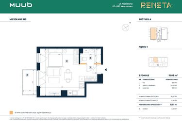 Rzut - Mieszkanie na sprzedaż 2 pokoje o powierzchni 30,67 m² - numer M09 w Reneta