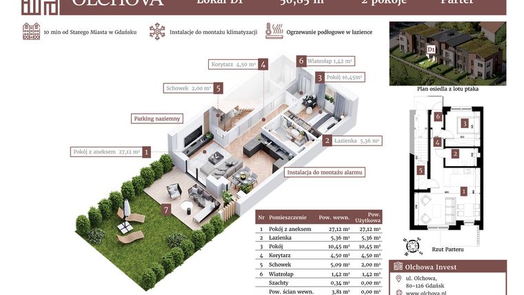 Rzut - Mieszkanie na sprzedaż 2 pokoje o powierzchni 50,85 m² - numer D1 w Olchova