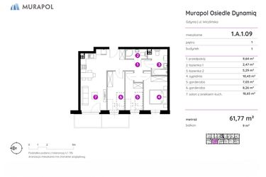 Rzut - Mieszkanie na sprzedaż 2 pokoje o powierzchni 61,77 m² - numer 1.A.1.09 w Murapol Osiedle Dynamiq