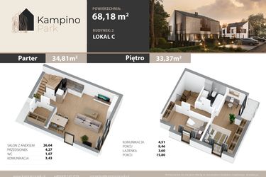 Rzut - Mieszkanie na sprzedaż 3 pokoje o powierzchni 68,18 m² - numer 1C w Kampino Park