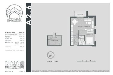 Rzut - Mieszkanie na sprzedaż 2 pokoje o powierzchni 44,02 m² - numer A2.6 w Apartamenty Czarnoleska