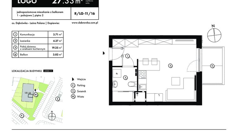 Rzut - Mieszkanie na sprzedaż 1 pokój o powierzchni 27,33 m² - numer R-LG-11-16 w os. Dąbrówka – Leśna Polana
