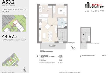Rzut - Mieszkanie na sprzedaż 3 pokoje o powierzchni 44,67 m² - numer A53.2 w Osiedle Gwiazdowo etap 6B