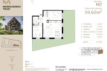 Rzut - Mieszkanie na sprzedaż 3 pokoje o powierzchni 59,62 m² - numer M2 w Massalskiego Trust