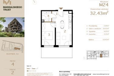 Rzut - Mieszkanie na sprzedaż 2 pokoje o powierzchni 32,43 m² - numer M24 w Massalskiego Trust