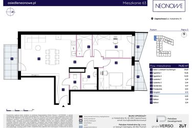 Rzut - Mieszkanie na sprzedaż 3 pokoje o powierzchni 74,82 m² - numer 15/63 w Osiedle Neonowe