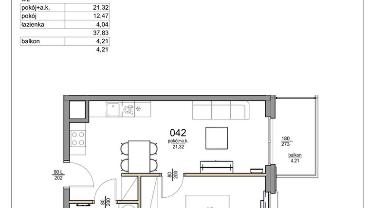 Rzut - Mieszkanie na sprzedaż 2 pokoje o powierzchni 37,83 m² - numer 42 w Rezydencja Liwska 3