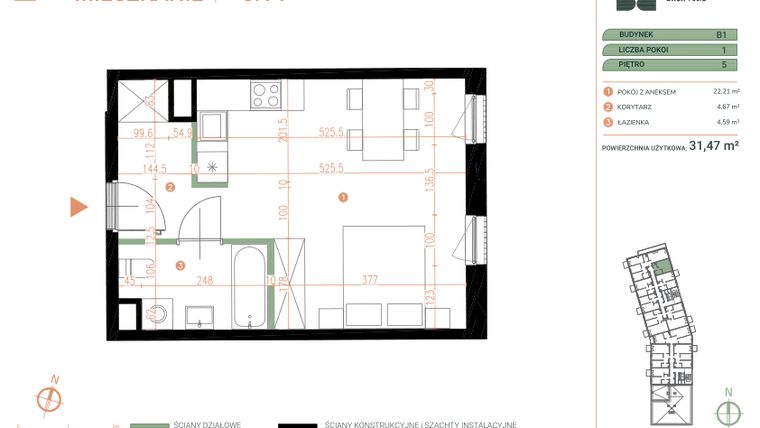 Rzut - Mieszkanie na sprzedaż 1 pokój o powierzchni 31,47 m² - numer M.05.14 w Casa Feliz Portowa II