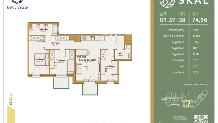 Rzut - Mieszkanie na sprzedaż 1 pokój o powierzchni 74,56 m² - numer M.37+38 w Skal