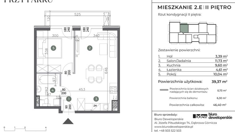 Rzut - Mieszkanie na sprzedaż 2 pokoje o powierzchni 39,37 m² - numer 2.E w Willa przy parku
