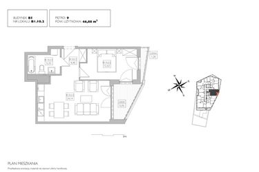 Rzut - Mieszkanie na sprzedaż 2 pokoje o powierzchni 46,88 m² - numer B1.10.2 w Alvarium 2.0