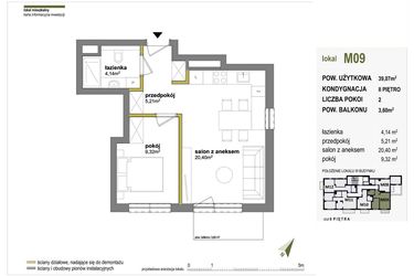 Rzut - Mieszkanie na sprzedaż 2 pokoje o powierzchni 39,07 m² - numer M09 w Międzylesie przy lesie