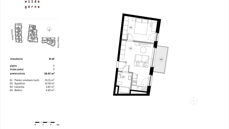 Rzut - Mieszkanie na sprzedaż 2 pokoje o powierzchni 38,67 m² - numer B.43 w Dolna Górna Wilda