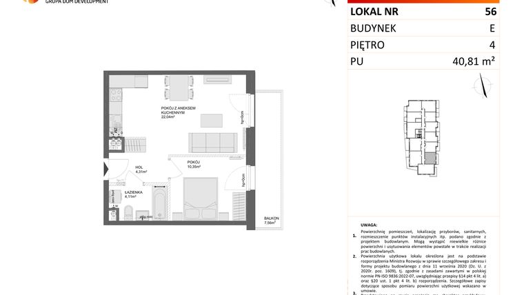 Rzut - Mieszkanie na sprzedaż 2 pokoje o powierzchni 40,81 m² - numer E.56 w Osiedle Synteza etap IV