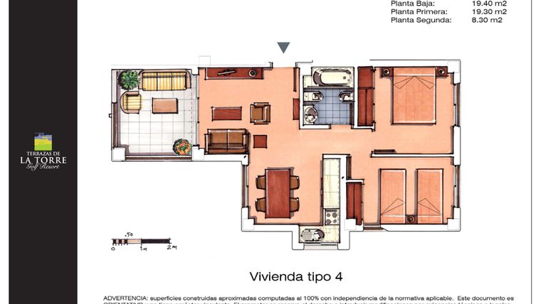 Rzut - Mieszkanie na sprzedaż 2 pokoje o powierzchni 54 m² - numer 4 w Las Terrazas de la Torre