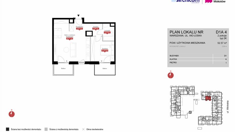 Rzut - Mieszkanie na sprzedaż 2 pokoje o powierzchni 52,57 m² - numer D1A 4 w Modern Mokotów etap 4, budynek D1 i D2