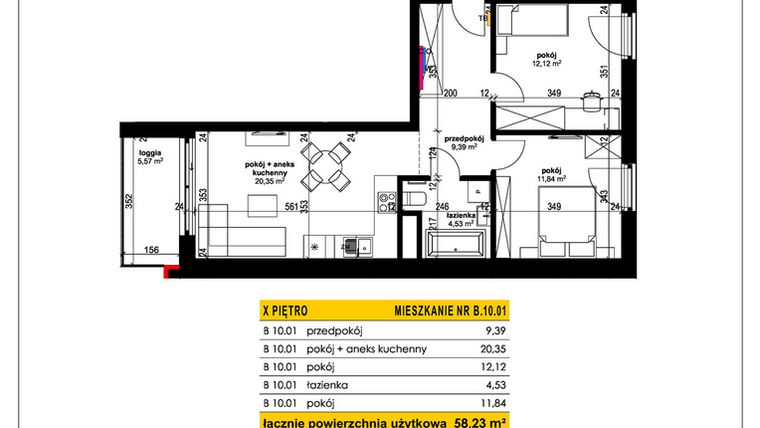 Rzut - Mieszkanie na sprzedaż 3 pokoje o powierzchni 58,23 m² - numer B 10.01 w Park Moniuszki II C
