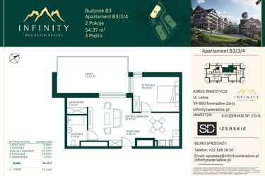 Rzut - Mieszkanie na sprzedaż 2 pokoje o powierzchni 54,37 m² - numer B3.3.4 w Infinity Mountain Resort