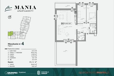 Rzut - Mieszkanie na sprzedaż 3 pokoje o powierzchni 95,12 m² - numer 4 w MANIA Apartamenty