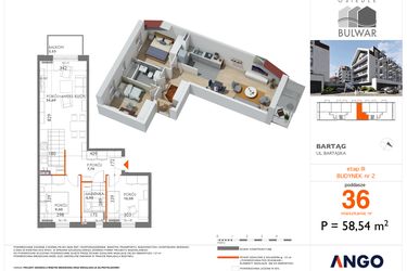 Rzut - Mieszkanie na sprzedaż 3 pokoje o powierzchni 58,54 m² - numer 36 w Bulwar bud. 2