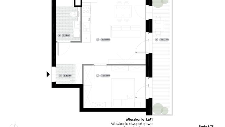 Rzut - Mieszkanie na sprzedaż 2 pokoje o powierzchni 44,44 m² - numer 1.M1 w Stalowa 76