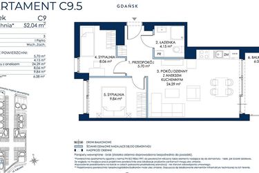 Rzut - Mieszkanie na sprzedaż 3 pokoje o powierzchni 51,15 m² - numer C9.5 w Sol Marina etap III