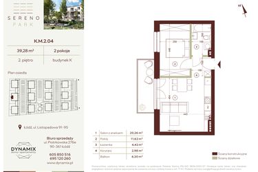 Rzut - Mieszkanie na sprzedaż 2 pokoje o powierzchni 39,28 m² - numer K.M.2.04 w Sereno Park
